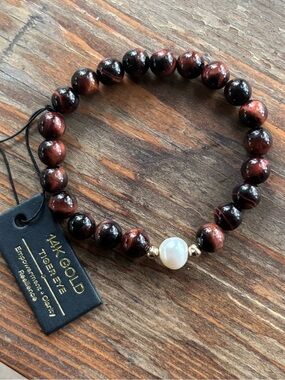 Tiger Eye, Pearl, and 14k Bead Bracelet